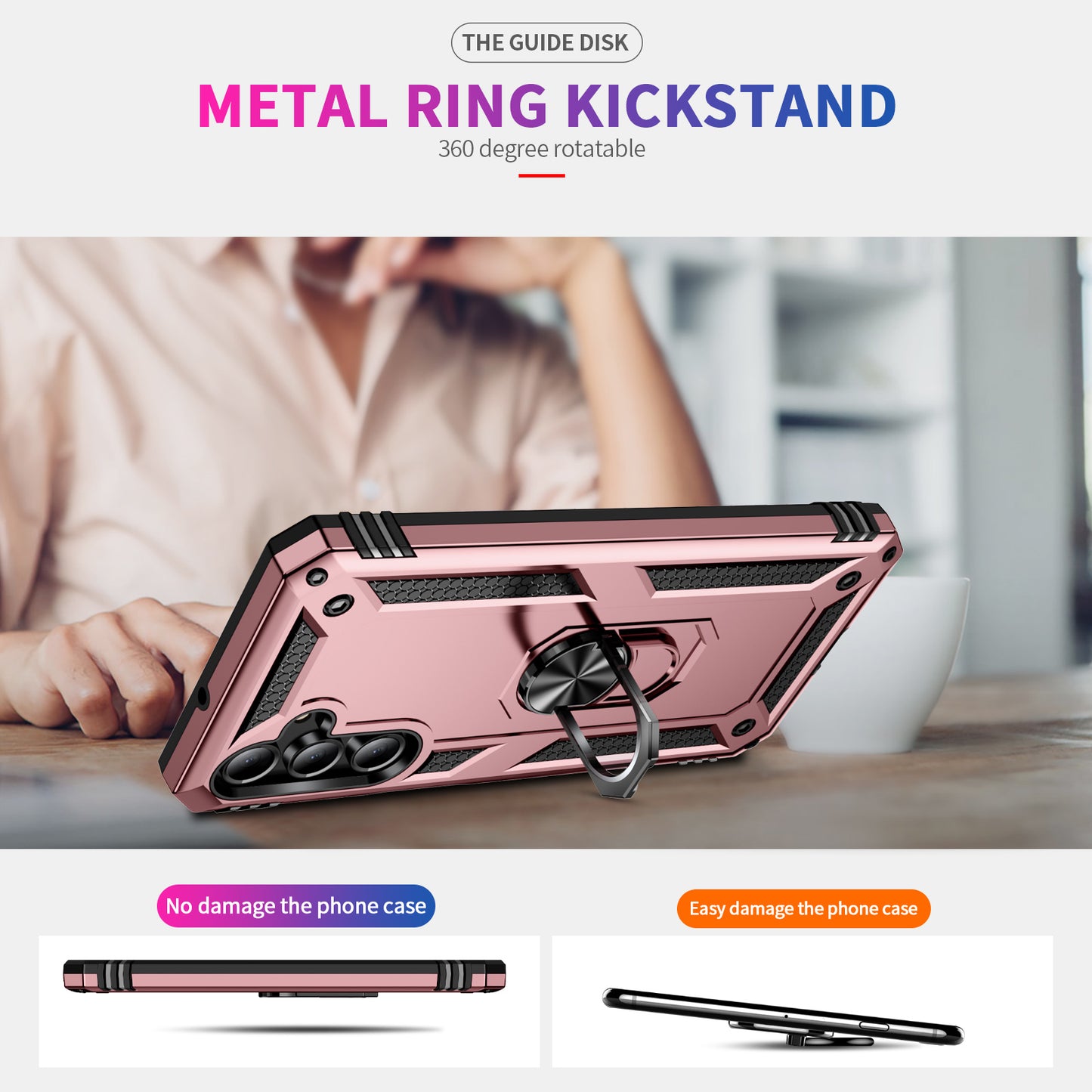 For Samsung Galaxy A16 5G / A16 4G Case PC+TPU Phone Cover with Rotary Ring Kickstand - Rose Gold