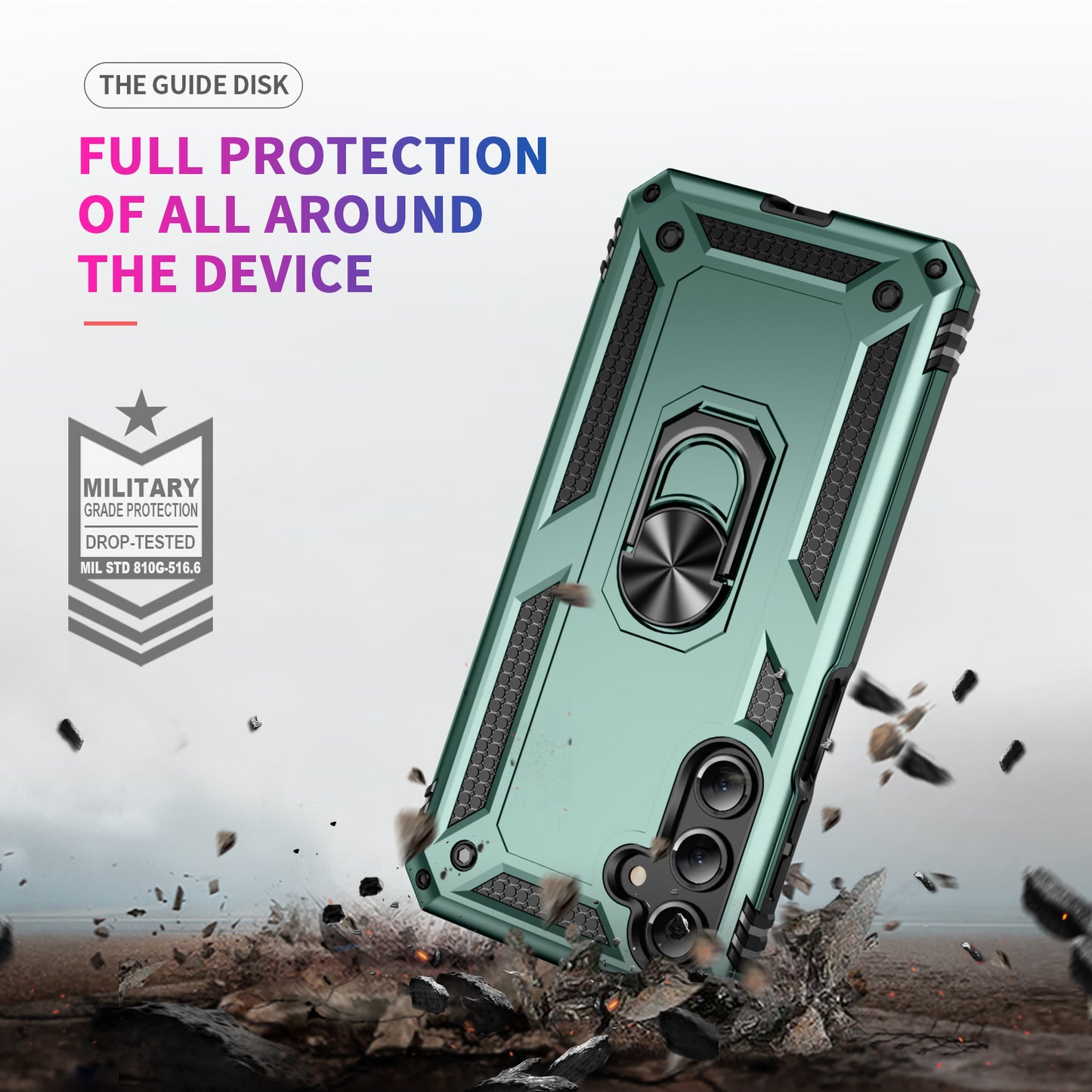 For Samsung Galaxy A16 5G / A16 4G Case PC+TPU Phone Cover with Rotary Ring Kickstand - Blackish Green