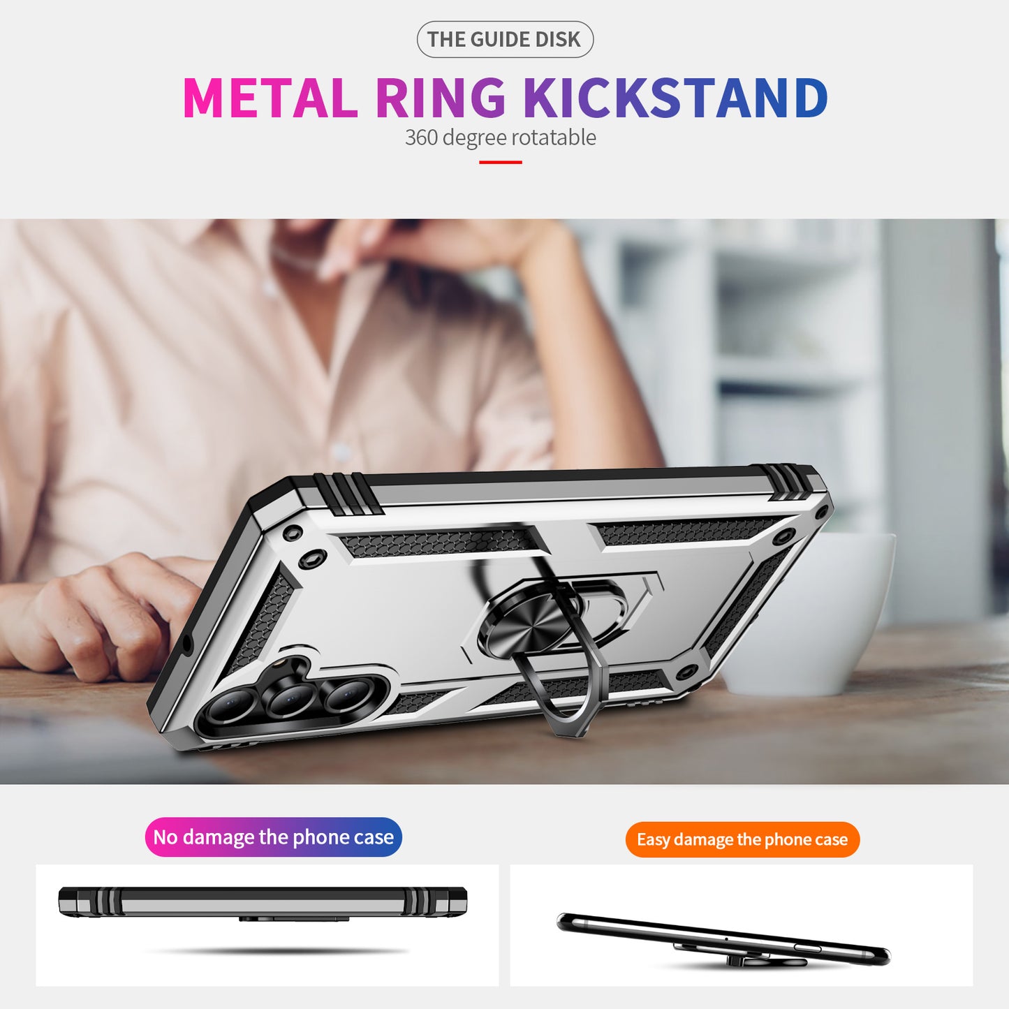 For Samsung Galaxy A16 5G / A16 4G Case PC+TPU Phone Cover with Rotary Ring Kickstand - Silver