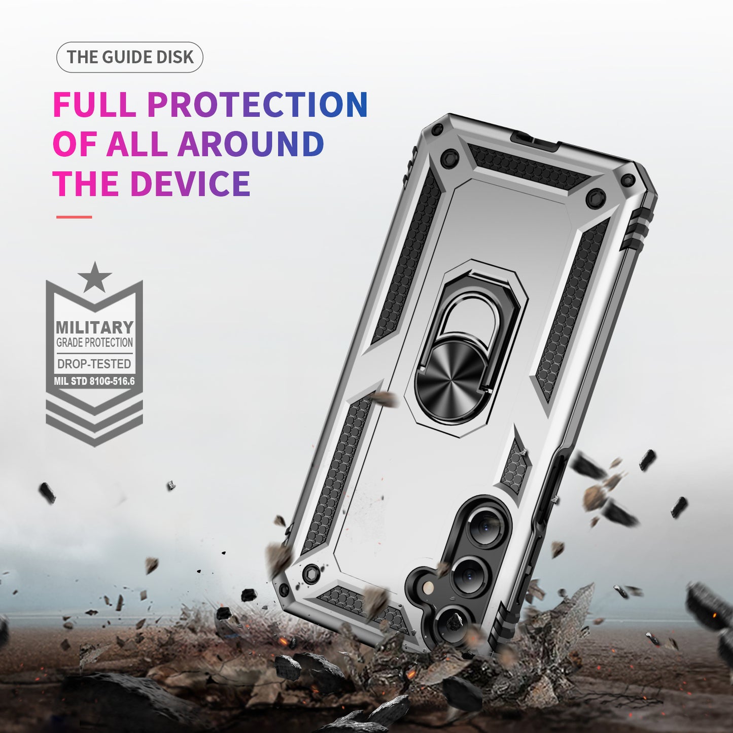 For Samsung Galaxy A16 5G / A16 4G Case PC+TPU Phone Cover with Rotary Ring Kickstand - Silver