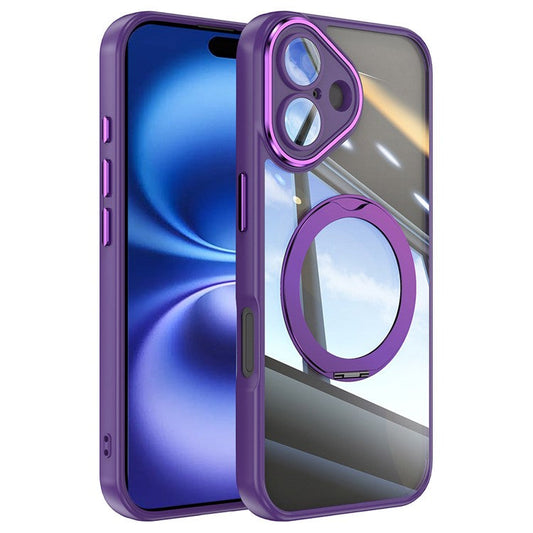 For iPhone 16 Case Rotatable Magnetic Kickstand TPU+PC Phone Cover with Lens Film - Dark Purple