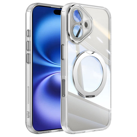 For iPhone 16 Case Rotatable Magnetic Kickstand TPU+PC Phone Cover with Lens Film - Transparent White