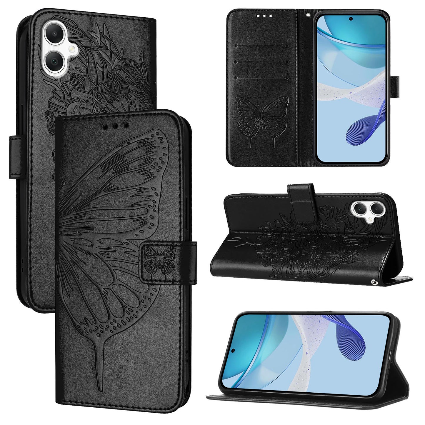 For Samsung Galaxy A06 Case YB Imprinting Series-4 Butterfly Flower Flip Wallet Leather Phone Cover - Black