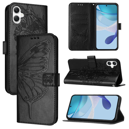 For Samsung Galaxy A06 Case YB Imprinting Series-4 Butterfly Flower Flip Wallet Leather Phone Cover - Black