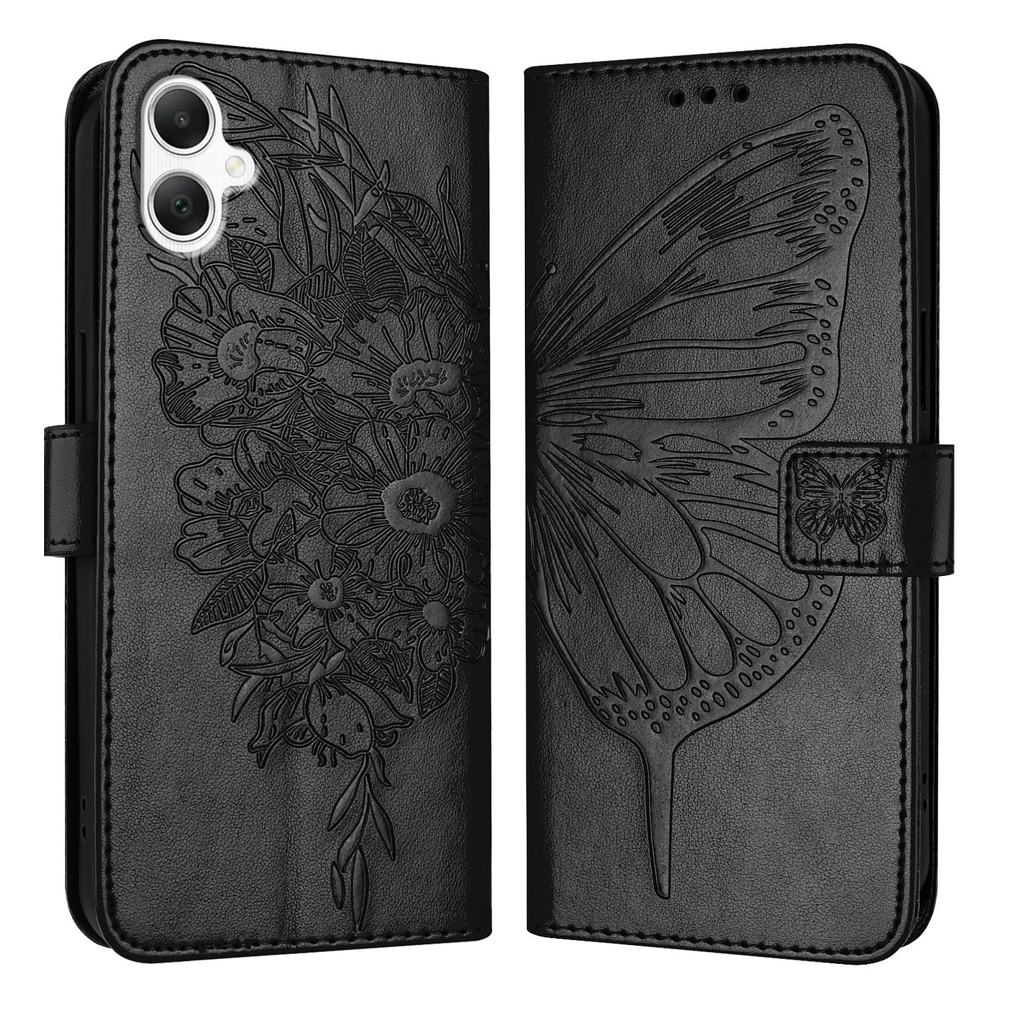 For Samsung Galaxy A06 Case YB Imprinting Series-4 Butterfly Flower Flip Wallet Leather Phone Cover - Black