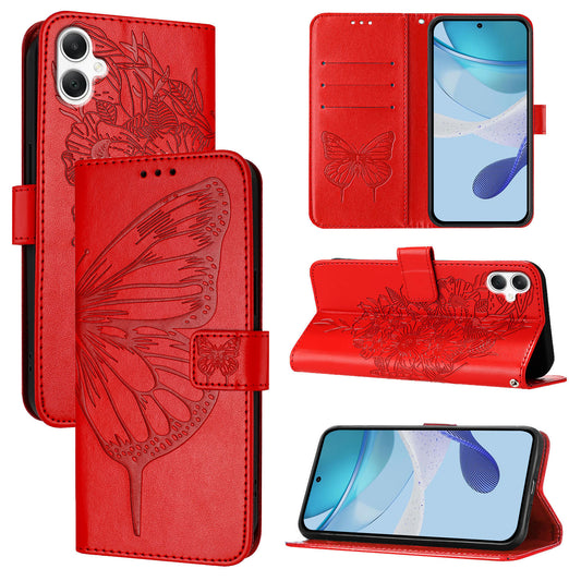 For Samsung Galaxy A06 Case YB Imprinting Series-4 Butterfly Flower Flip Wallet Leather Phone Cover - Red