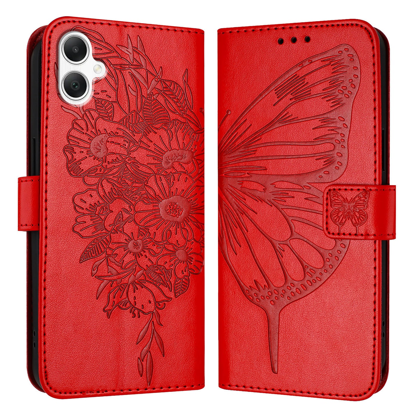 For Samsung Galaxy A06 Case YB Imprinting Series-4 Butterfly Flower Flip Wallet Leather Phone Cover - Red
