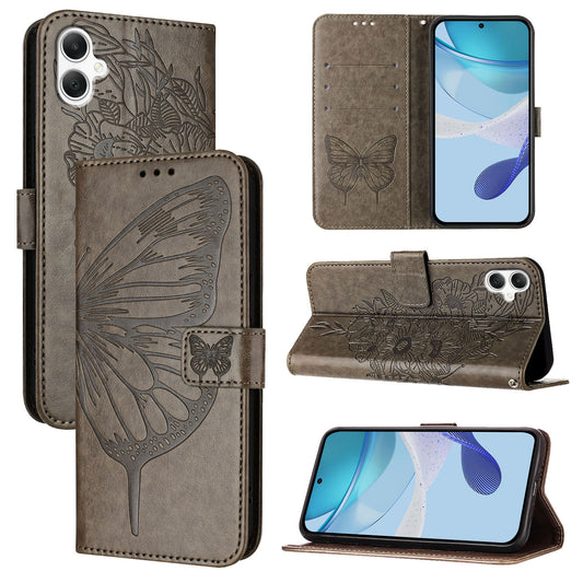 For Samsung Galaxy A06 Case YB Imprinting Series-4 Butterfly Flower Flip Wallet Leather Phone Cover - Grey