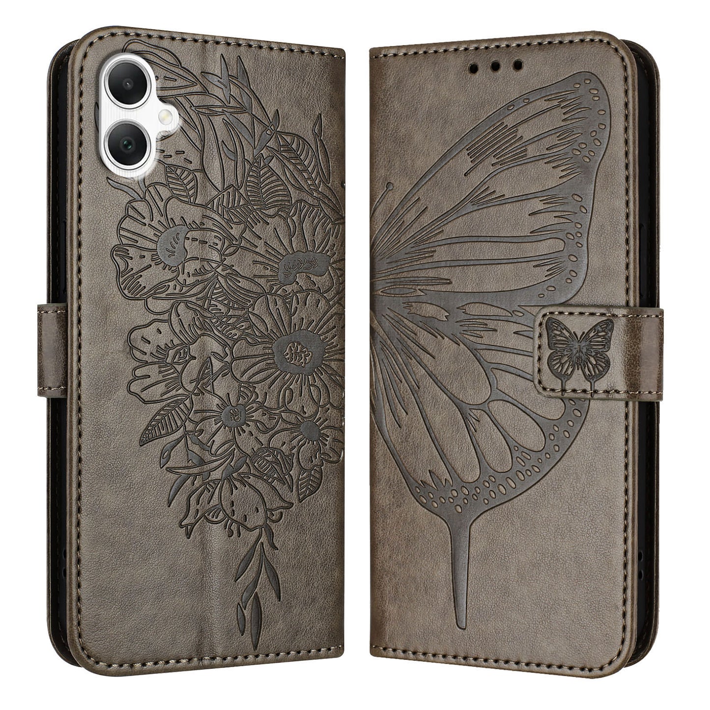 For Samsung Galaxy A06 Case YB Imprinting Series-4 Butterfly Flower Flip Wallet Leather Phone Cover - Grey