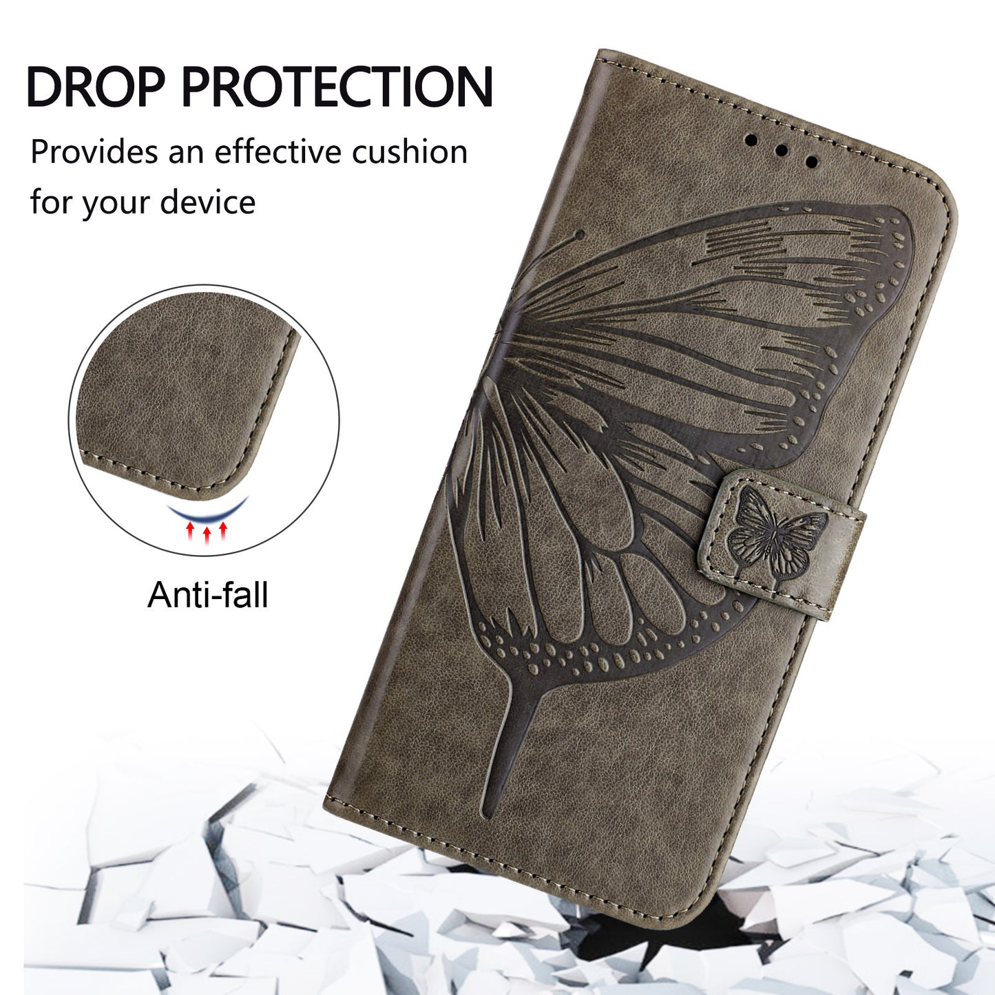 For Samsung Galaxy A06 Case YB Imprinting Series-4 Butterfly Flower Flip Wallet Leather Phone Cover - Grey