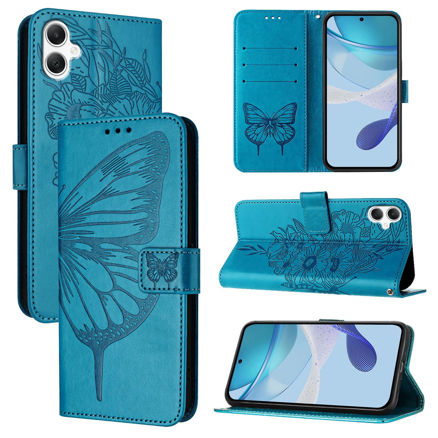 For Samsung Galaxy A06 Case YB Imprinting Series-4 Butterfly Flower Flip Wallet Leather Phone Cover - Blue