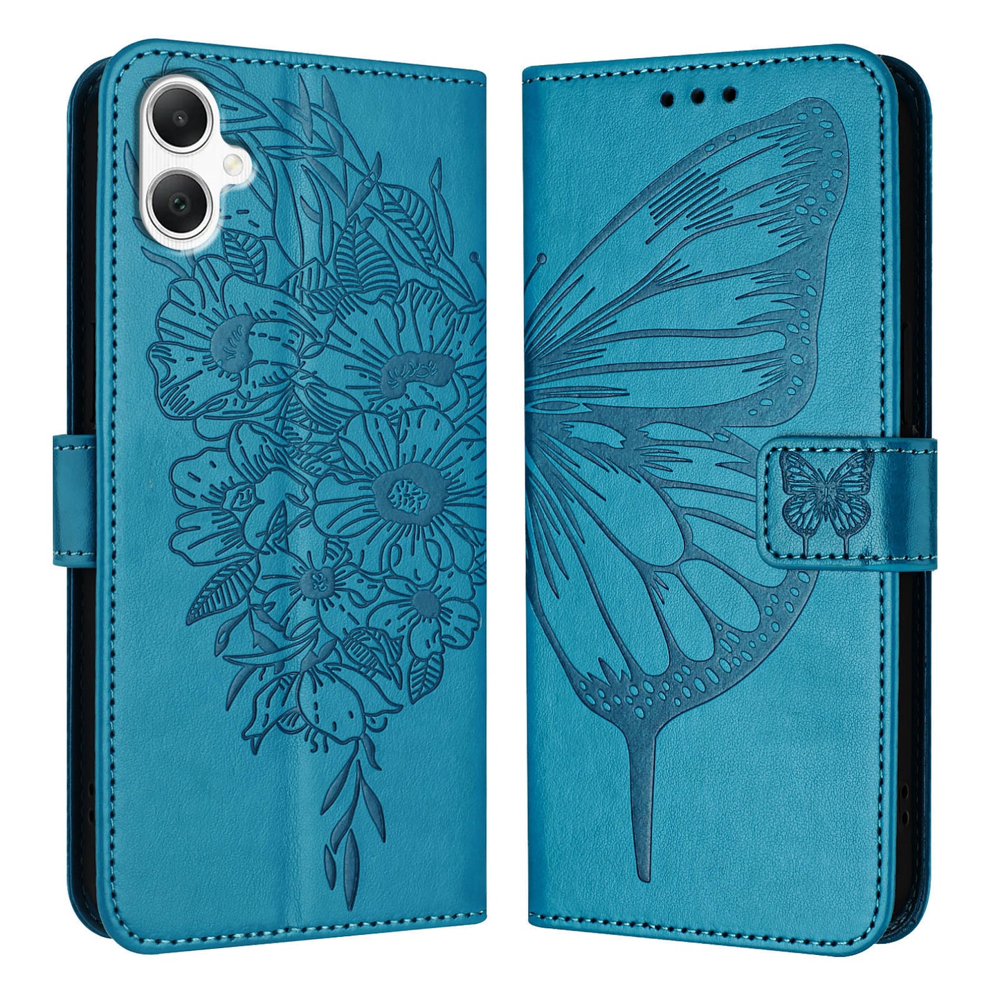 For Samsung Galaxy A06 Case YB Imprinting Series-4 Butterfly Flower Flip Wallet Leather Phone Cover - Blue