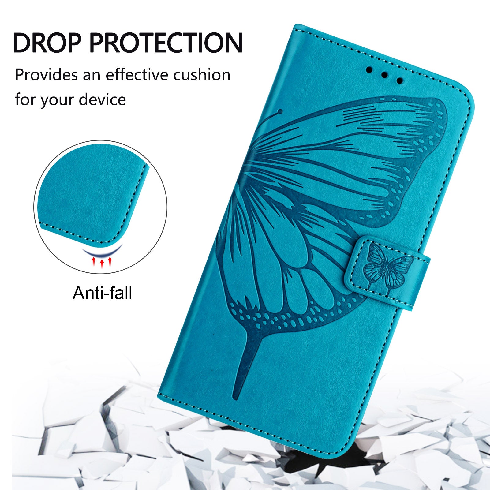 For Samsung Galaxy A06 Case YB Imprinting Series-4 Butterfly Flower Flip Wallet Leather Phone Cover - Blue
