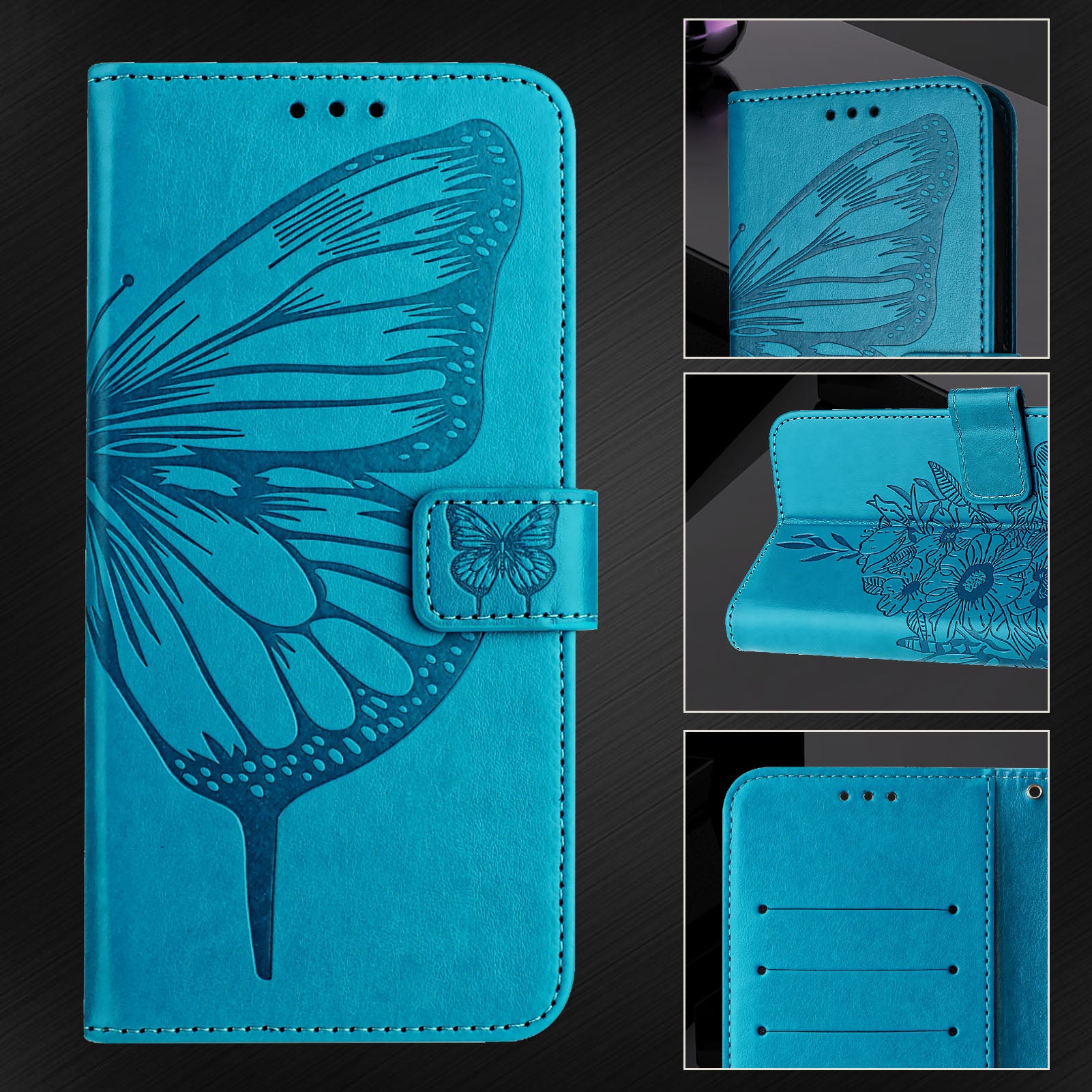 For Samsung Galaxy A06 Case YB Imprinting Series-4 Butterfly Flower Flip Wallet Leather Phone Cover - Blue