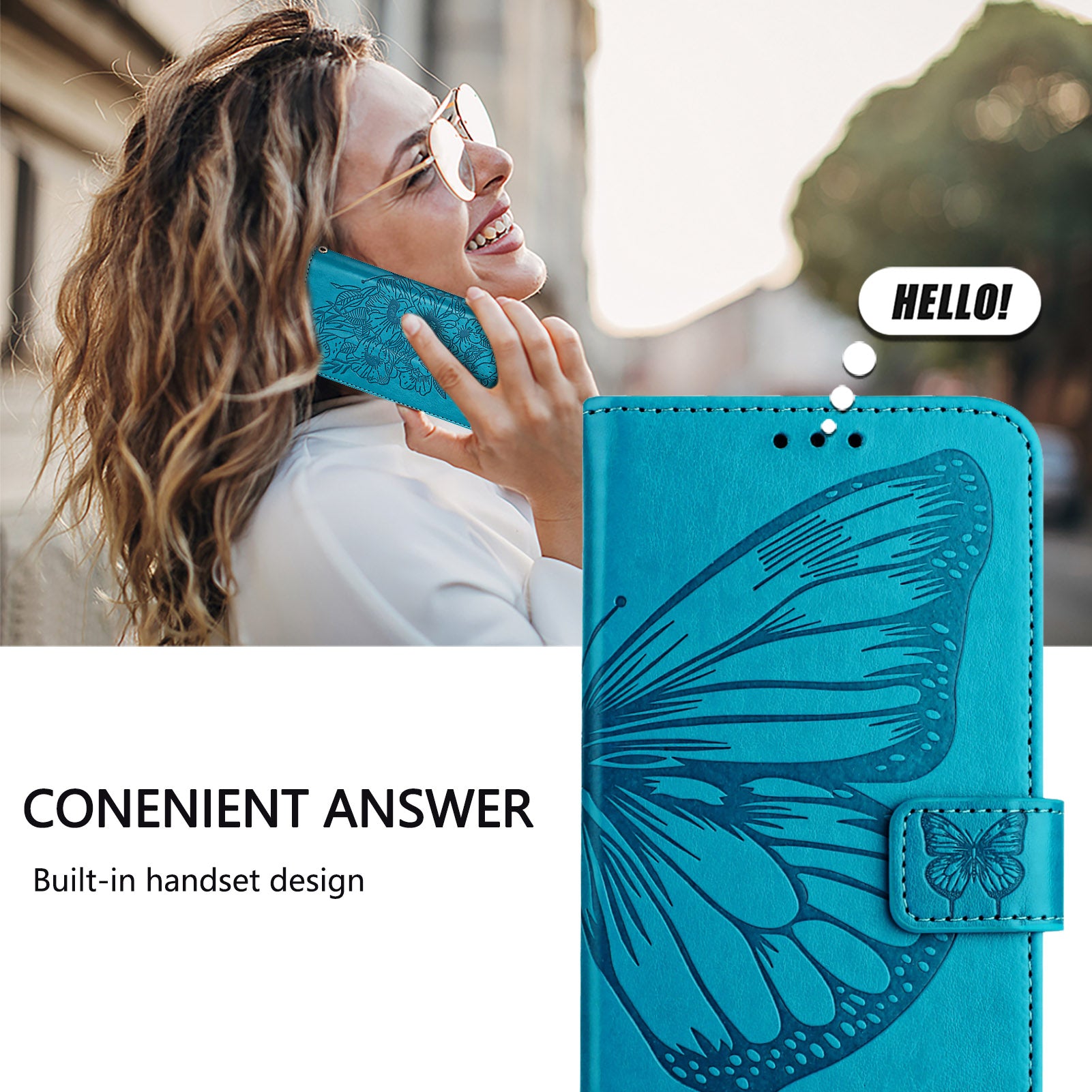 For Samsung Galaxy A06 Case YB Imprinting Series-4 Butterfly Flower Flip Wallet Leather Phone Cover - Blue