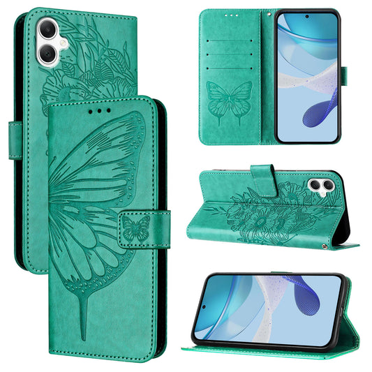 For Samsung Galaxy A06 Case YB Imprinting Series-4 Butterfly Flower Flip Wallet Leather Phone Cover - Green
