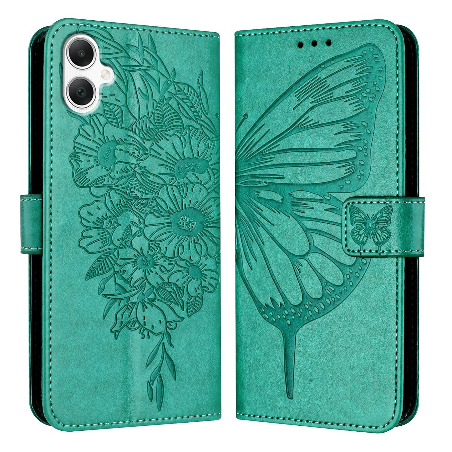 For Samsung Galaxy A06 Case YB Imprinting Series-4 Butterfly Flower Flip Wallet Leather Phone Cover - Green