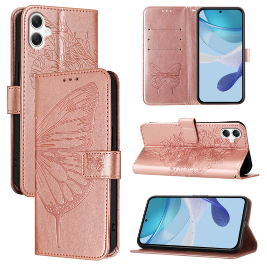 For Samsung Galaxy A06 Case YB Imprinting Series-4 Butterfly Flower Flip Wallet Leather Phone Cover -  Rose Gold