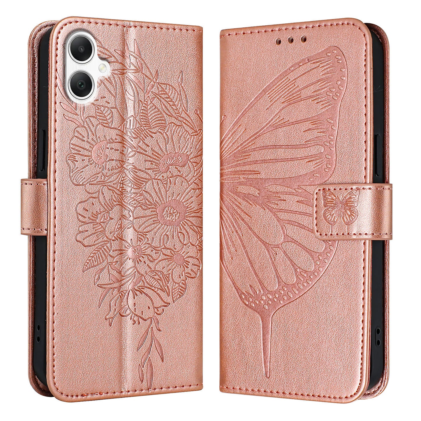 For Samsung Galaxy A06 Case YB Imprinting Series-4 Butterfly Flower Flip Wallet Leather Phone Cover -  Rose Gold