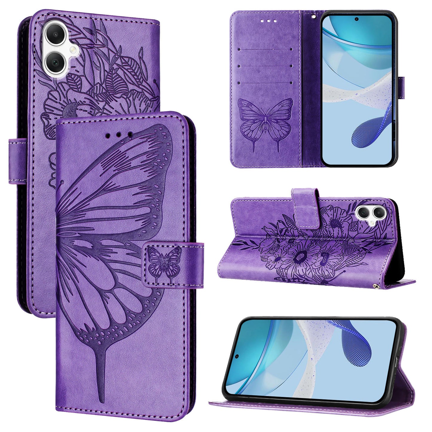 For Samsung Galaxy A06 Case YB Imprinting Series-4 Butterfly Flower Flip Wallet Leather Phone Cover - Purple