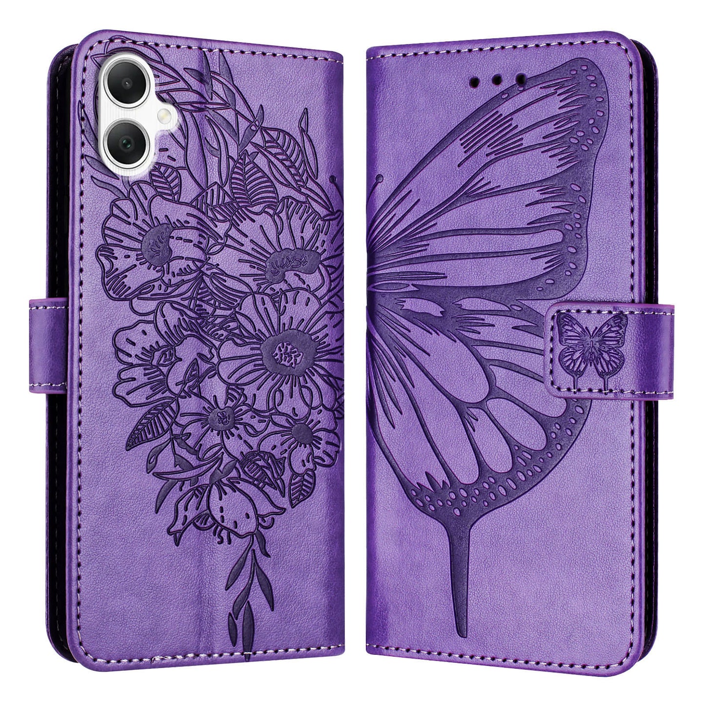 For Samsung Galaxy A06 Case YB Imprinting Series-4 Butterfly Flower Flip Wallet Leather Phone Cover - Purple
