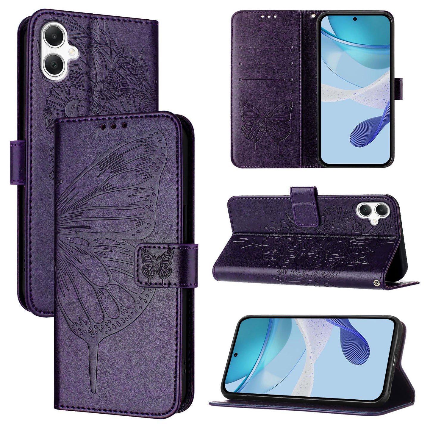 For Samsung Galaxy A06 Case YB Imprinting Series-4 Butterfly Flower Flip Wallet Leather Phone Cover - Dark Purple