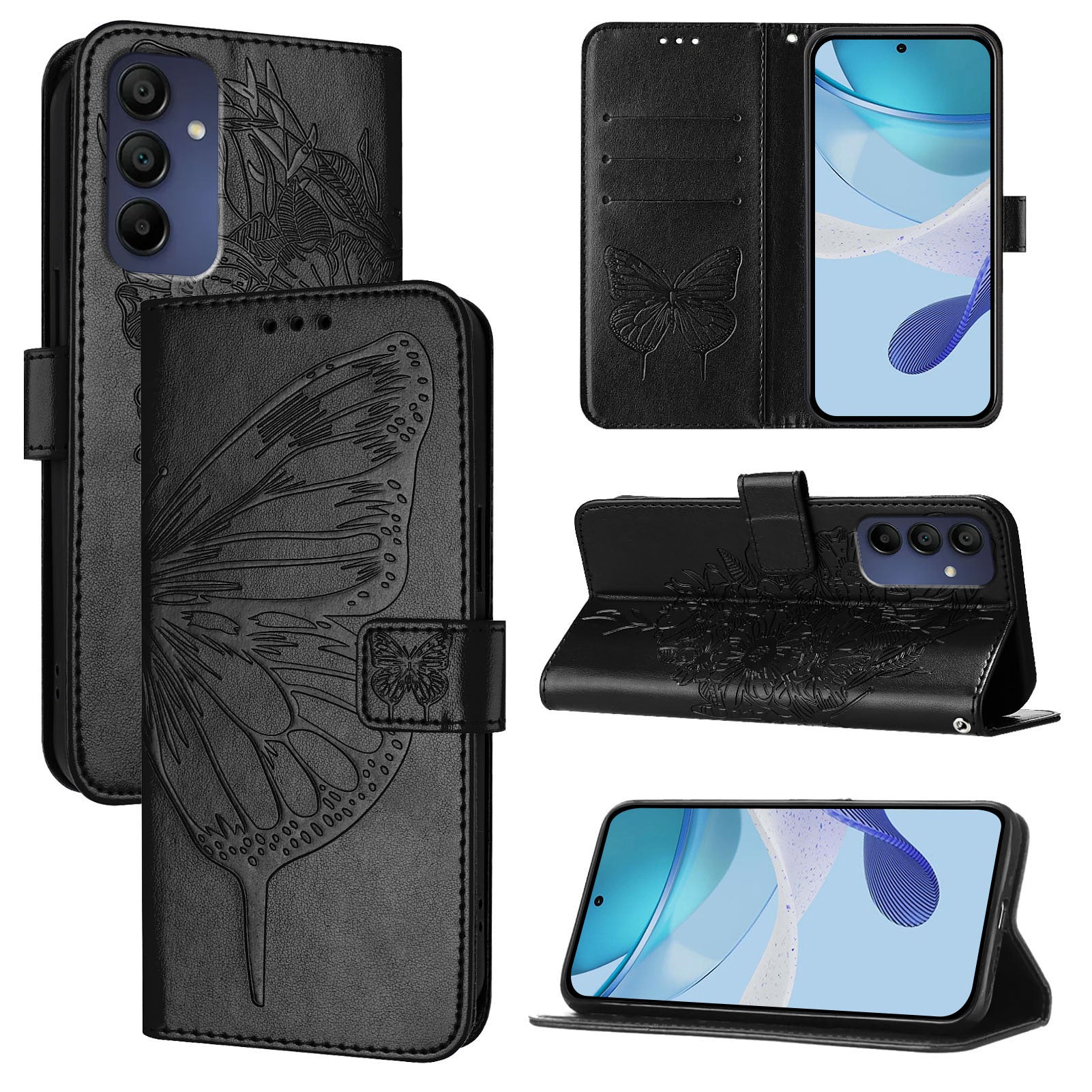 For Samsung Galaxy A16 5G / A16 4G Case YB Imprinting Series-4 Butterfly Flower Flip Wallet Leather Phone Cover - Black