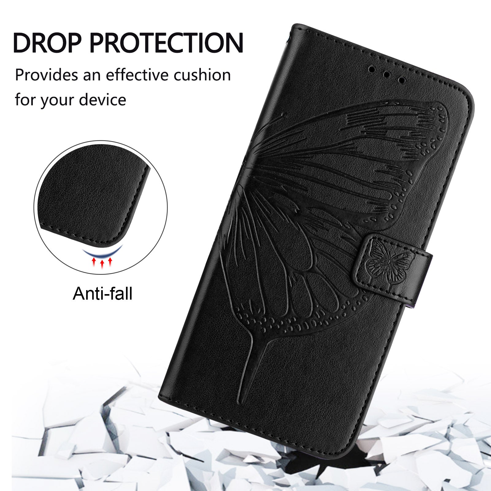 For Samsung Galaxy A16 5G / A16 4G Case YB Imprinting Series-4 Butterfly Flower Flip Wallet Leather Phone Cover - Black
