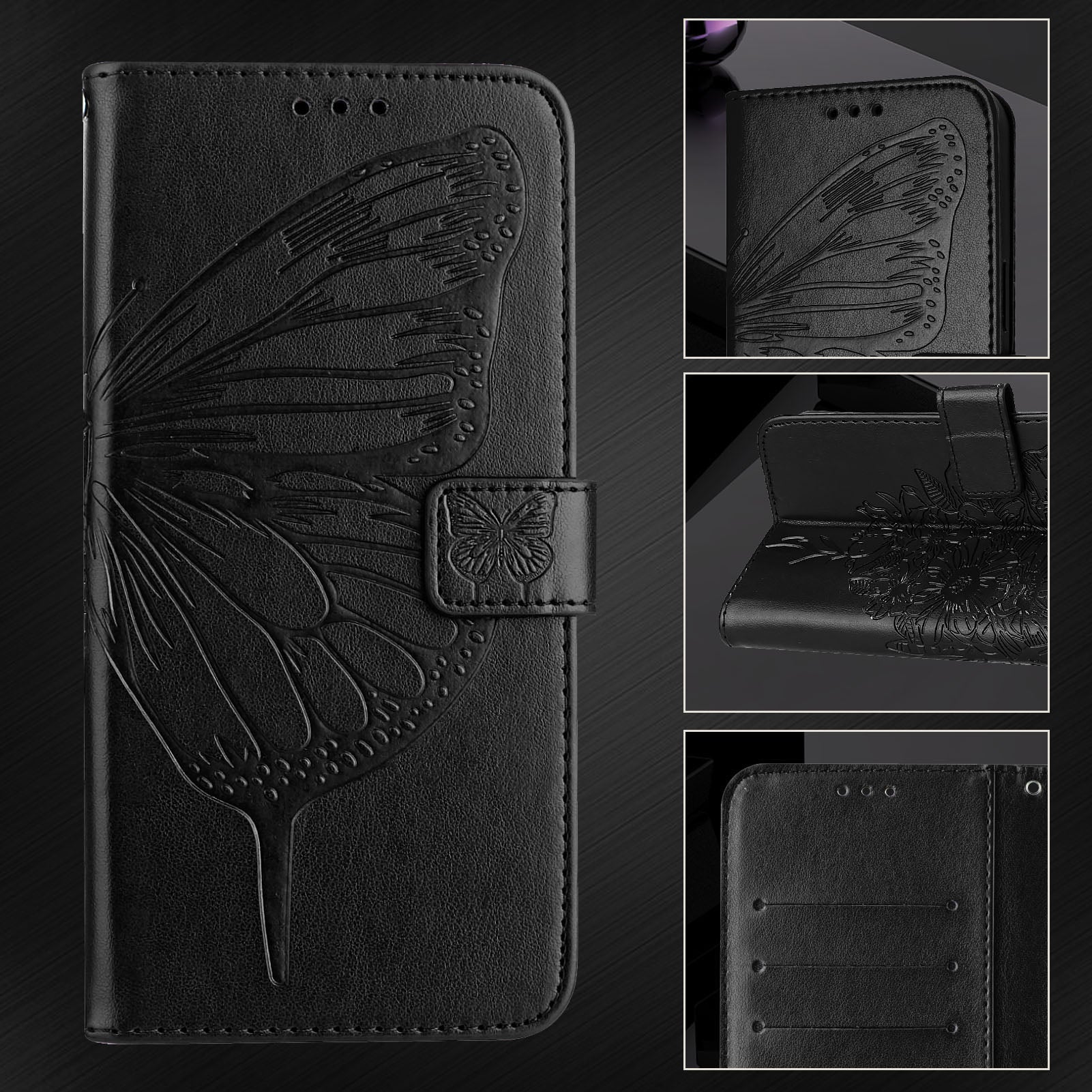 For Samsung Galaxy A16 5G / A16 4G Case YB Imprinting Series-4 Butterfly Flower Flip Wallet Leather Phone Cover - Black