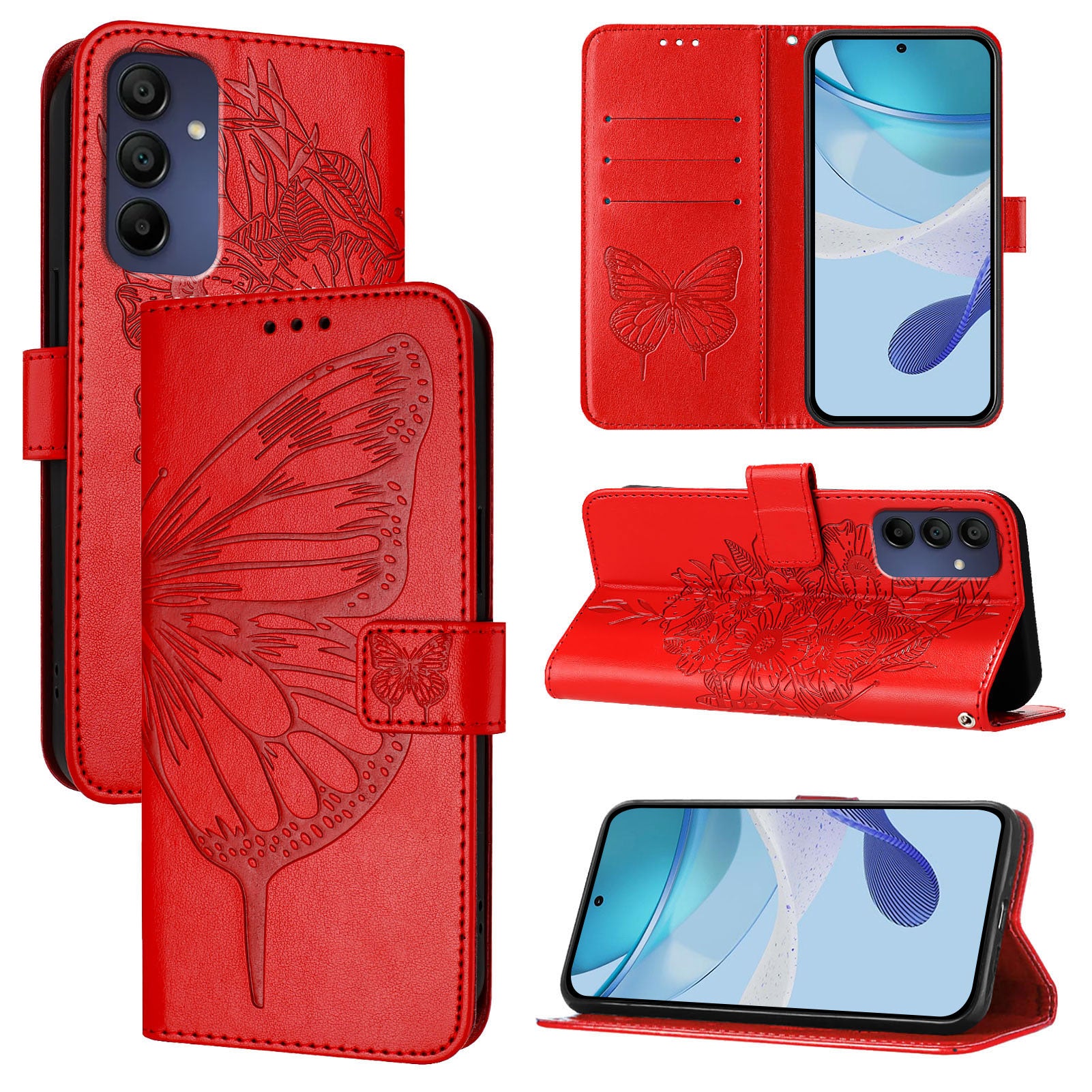 For Samsung Galaxy A16 5G / A16 4G Case YB Imprinting Series-4 Butterfly Flower Flip Wallet Leather Phone Cover - Red