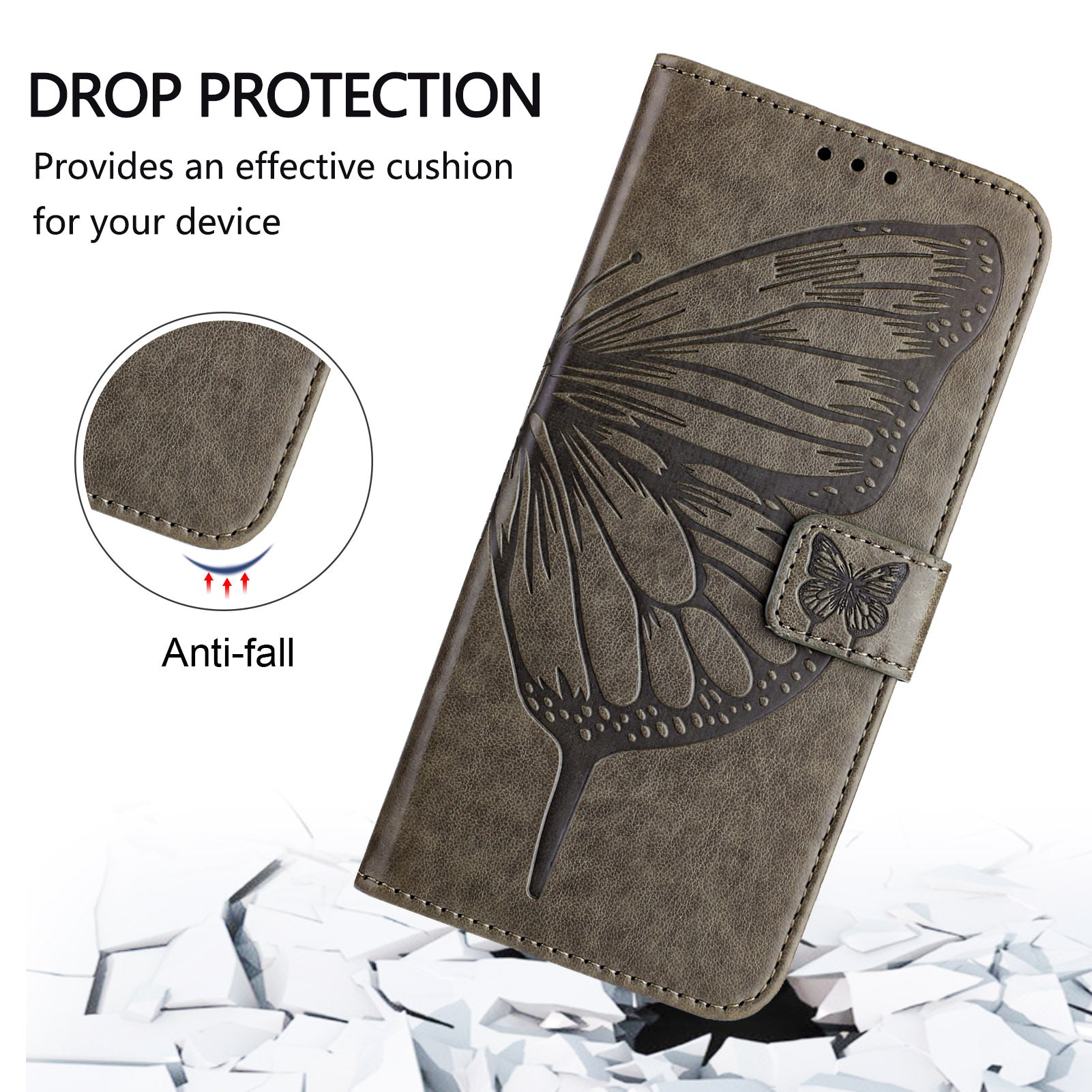For Samsung Galaxy A16 5G / A16 4G Case YB Imprinting Series-4 Butterfly Flower Flip Wallet Leather Phone Cover - Grey
