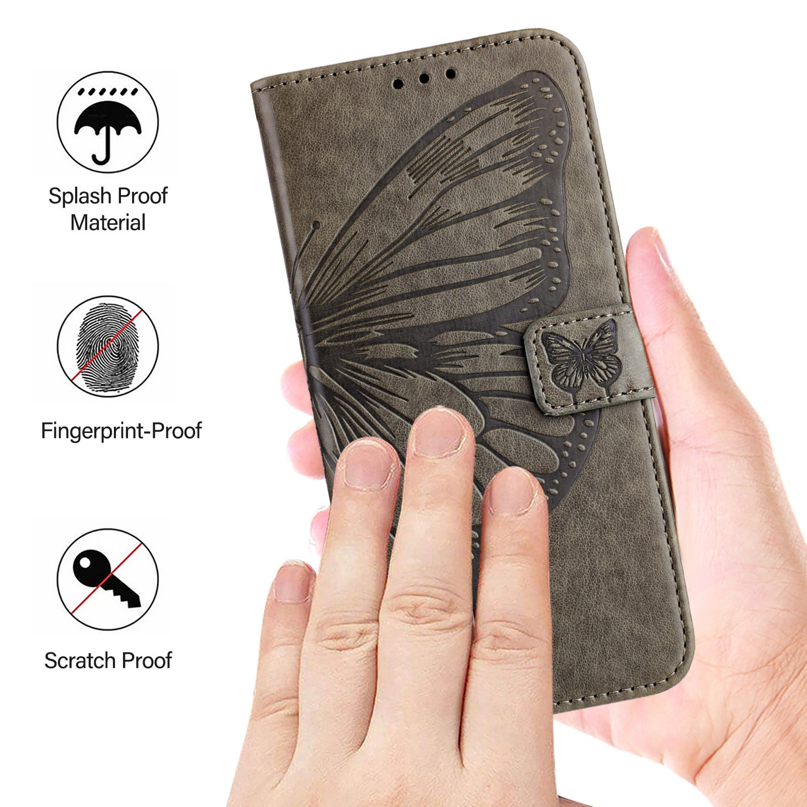 For Samsung Galaxy A16 5G / A16 4G Case YB Imprinting Series-4 Butterfly Flower Flip Wallet Leather Phone Cover - Grey