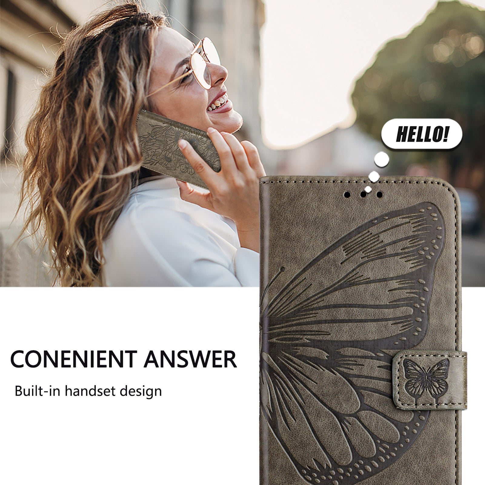 For Samsung Galaxy A16 5G / A16 4G Case YB Imprinting Series-4 Butterfly Flower Flip Wallet Leather Phone Cover - Grey