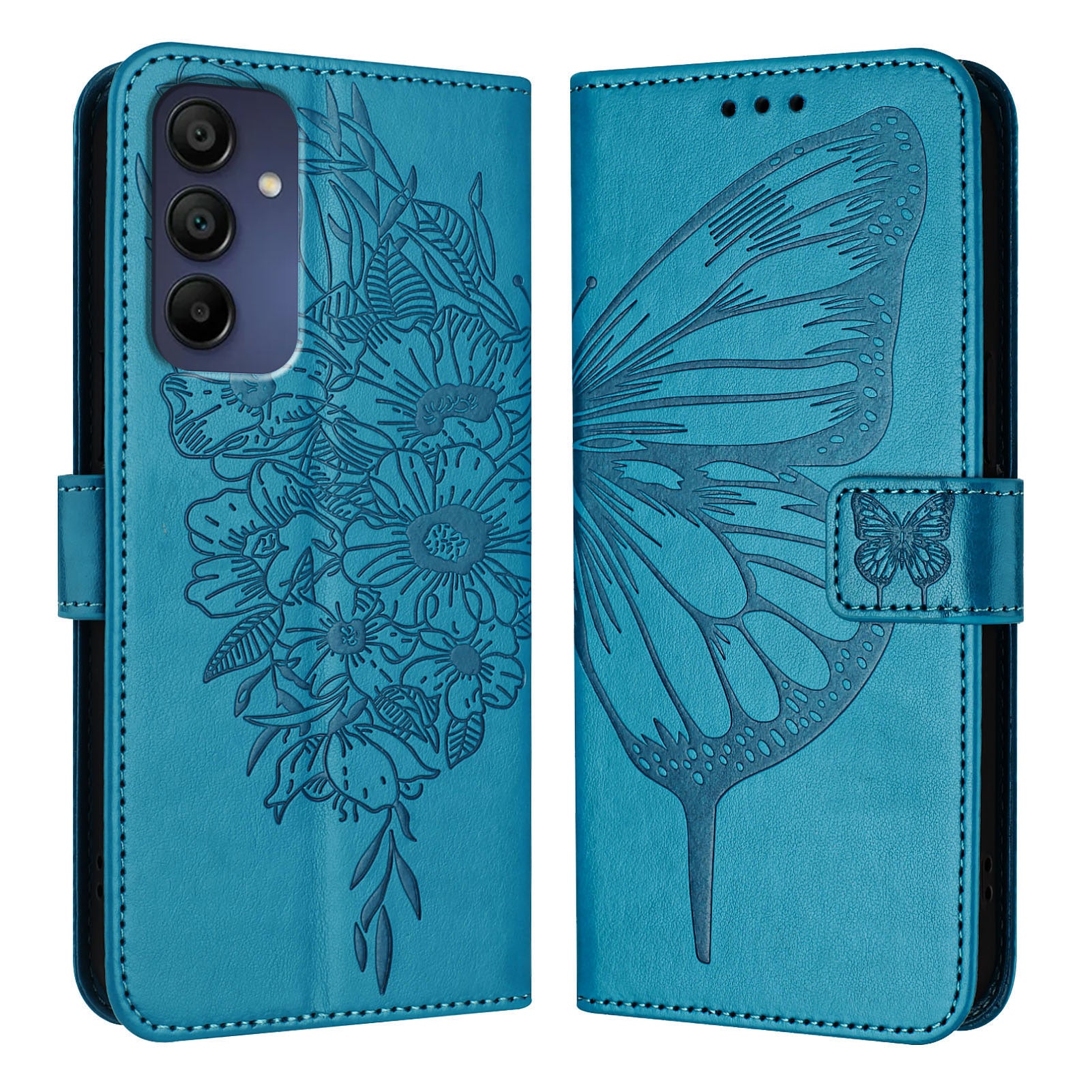 For Samsung Galaxy A16 5G / A16 4G Case YB Imprinting Series-4 Butterfly Flower Flip Wallet Leather Phone Cover - Blue