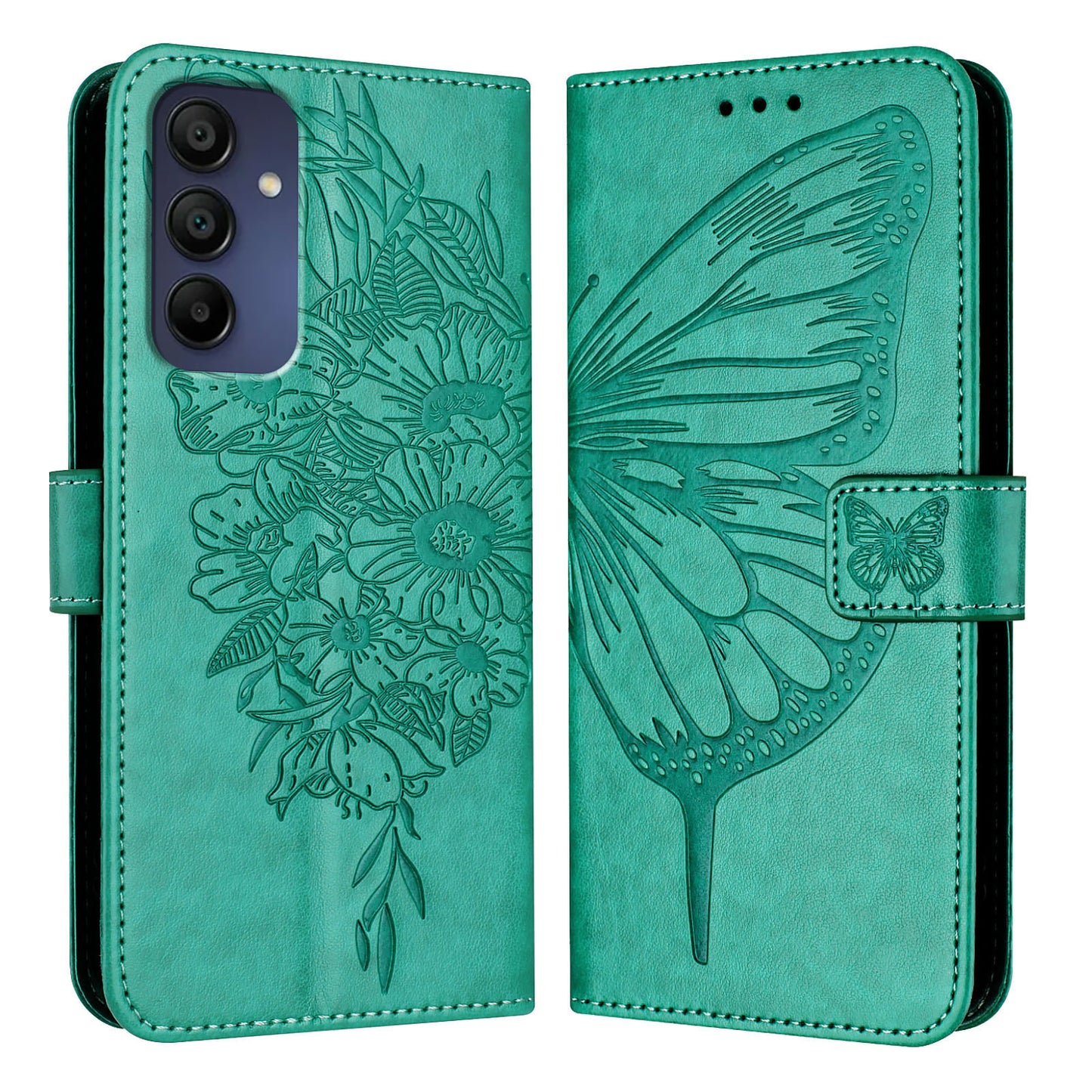 For Samsung Galaxy A16 5G / A16 4G Case YB Imprinting Series-4 Butterfly Flower Flip Wallet Leather Phone Cover - Green