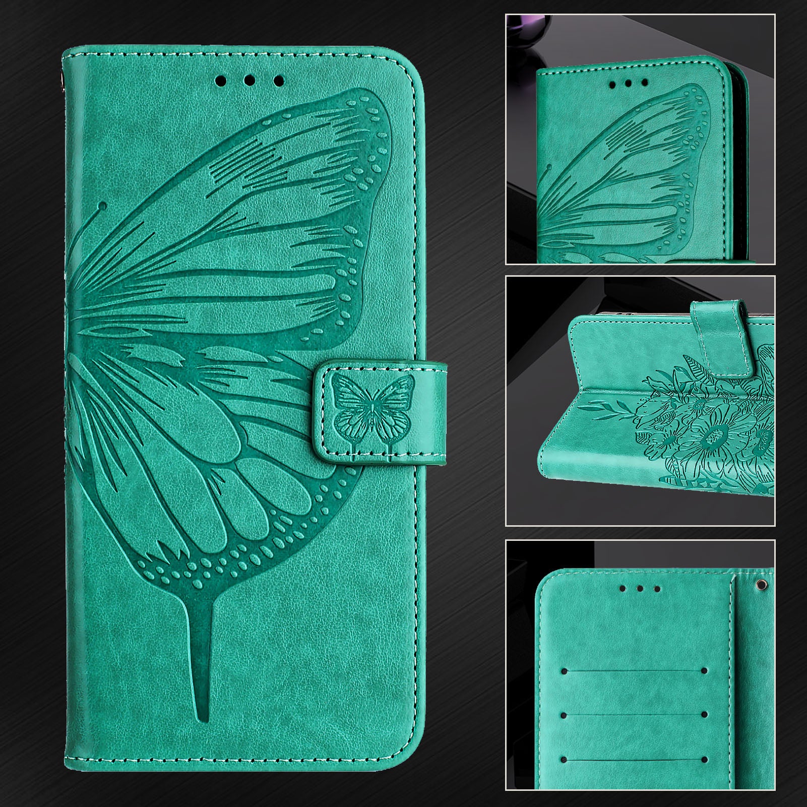 For Samsung Galaxy A16 5G / A16 4G Case YB Imprinting Series-4 Butterfly Flower Flip Wallet Leather Phone Cover - Green