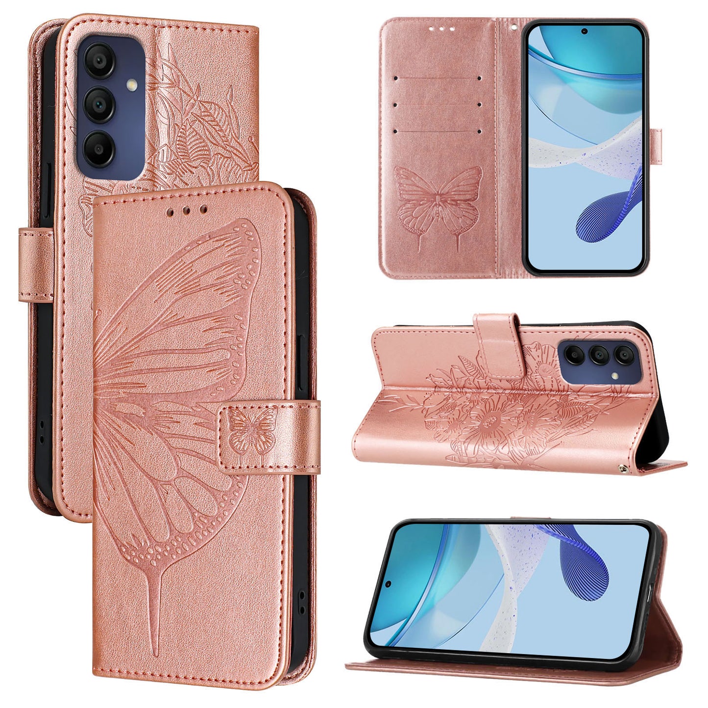 For Samsung Galaxy A16 5G / A16 4G Case YB Imprinting Series-4 Butterfly Flower Flip Wallet Leather Phone Cover -  Rose Gold