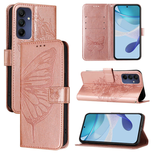 For Samsung Galaxy A16 5G / A16 4G Case YB Imprinting Series-4 Butterfly Flower Flip Wallet Leather Phone Cover -  Rose Gold