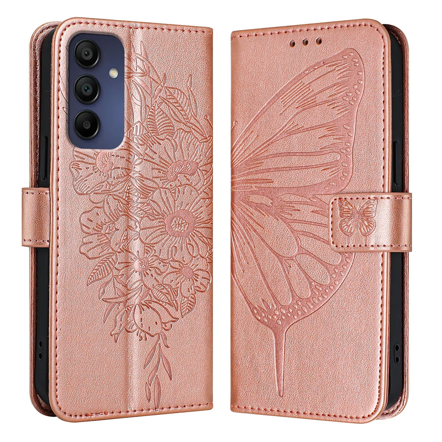 For Samsung Galaxy A16 5G / A16 4G Case YB Imprinting Series-4 Butterfly Flower Flip Wallet Leather Phone Cover -  Rose Gold