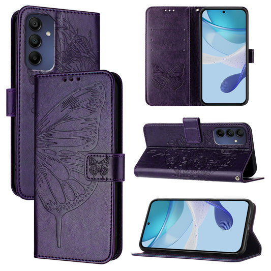 For Samsung Galaxy A16 5G / A16 4G Case YB Imprinting Series-4 Butterfly Flower Flip Wallet Leather Phone Cover - Dark Purple