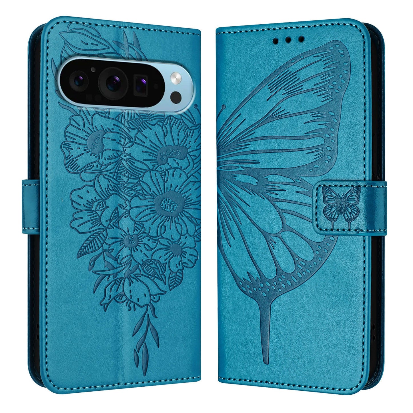 For Google Pixel 9 Pro XL Case YB Imprinting Series-4 Butterfly Flower Flip Wallet Leather Phone Cover - Blue