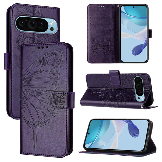 For Google Pixel 9 Pro XL Case YB Imprinting Series-4 Butterfly Flower Flip Wallet Leather Phone Cover - Dark Purple