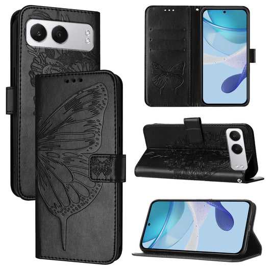 For OnePlus Nord 4 Case YB Imprinting Series-4 Butterfly Flower Flip Wallet Leather Phone Cover - Black