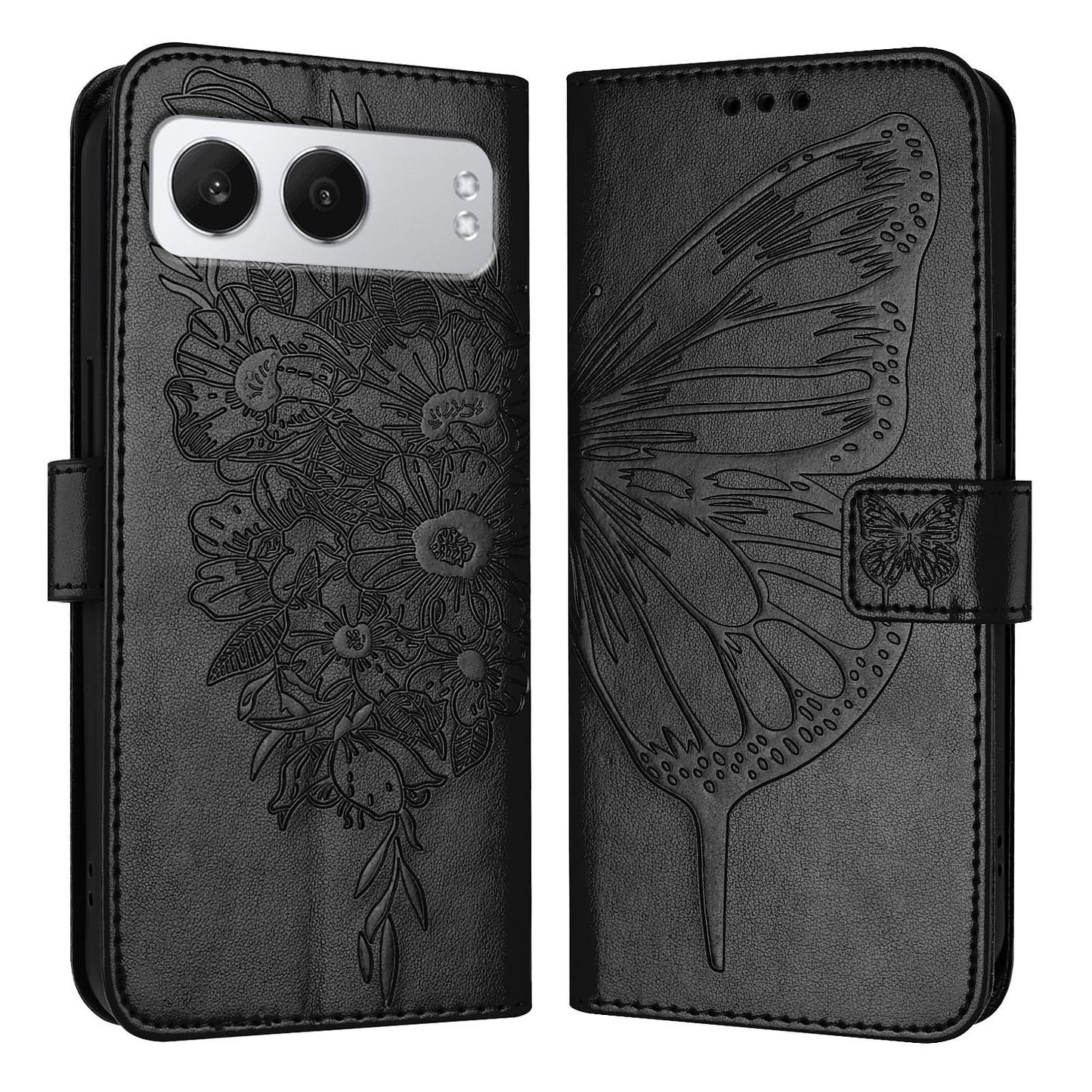 For OnePlus Nord 4 Case YB Imprinting Series-4 Butterfly Flower Flip Wallet Leather Phone Cover - Black