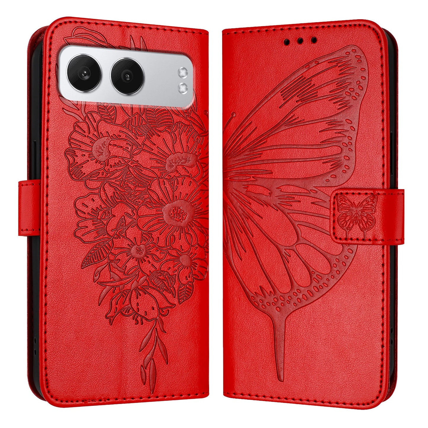 For OnePlus Nord 4 Case YB Imprinting Series-4 Butterfly Flower Flip Wallet Leather Phone Cover - Red
