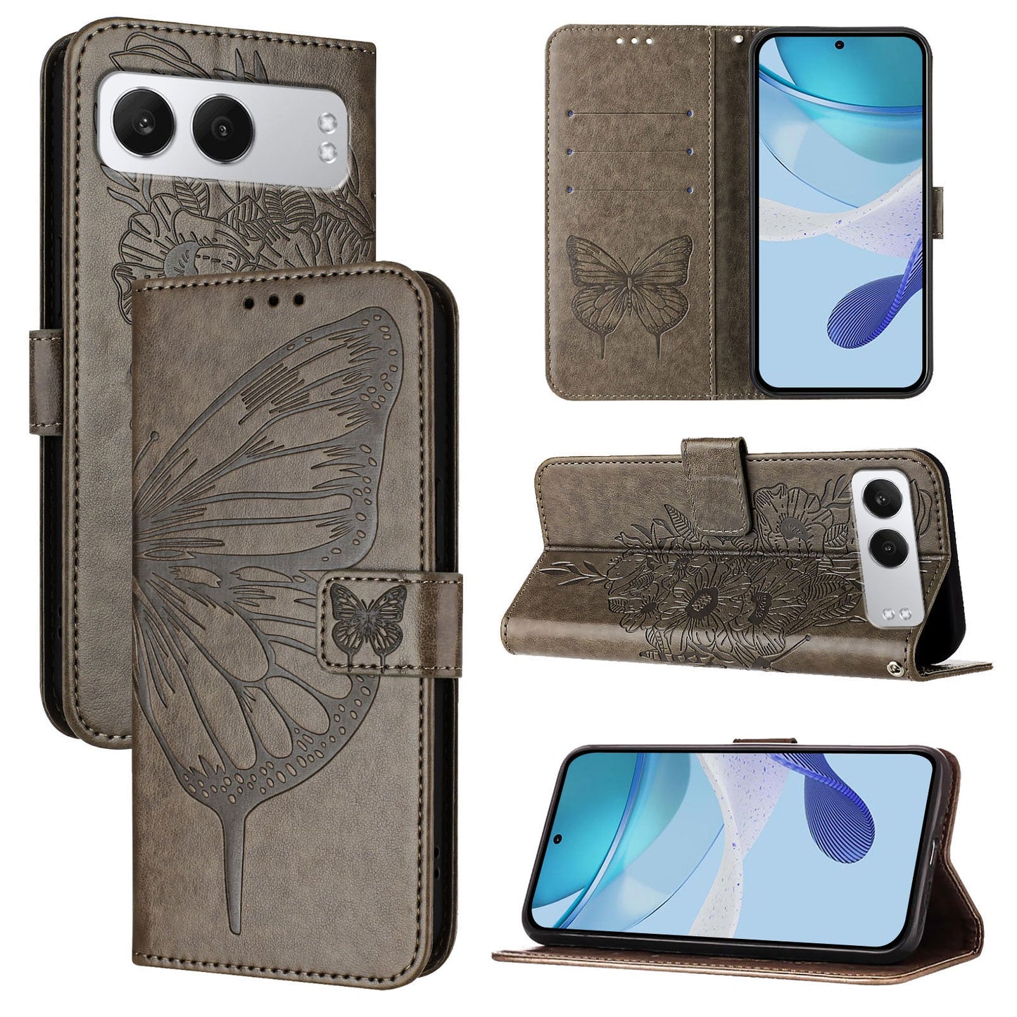 For OnePlus Nord 4 Case YB Imprinting Series-4 Butterfly Flower Flip Wallet Leather Phone Cover - Grey