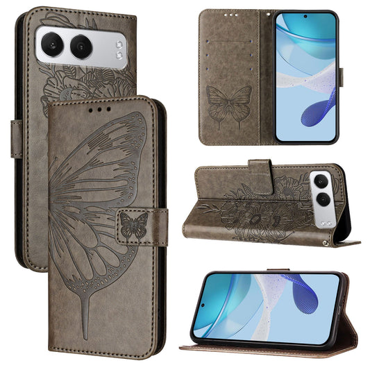 For OnePlus Nord 4 Case YB Imprinting Series-4 Butterfly Flower Flip Wallet Leather Phone Cover - Grey