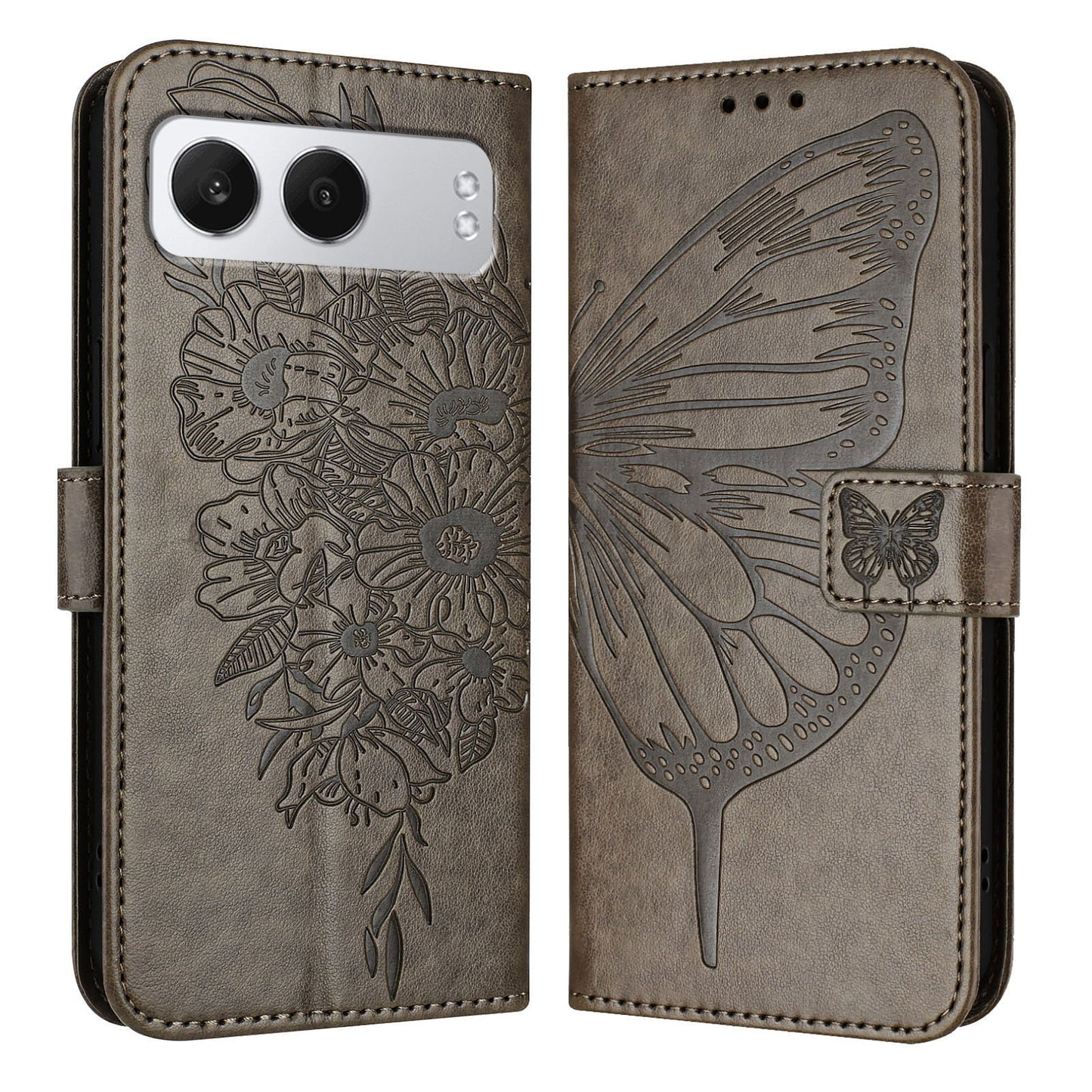 For OnePlus Nord 4 Case YB Imprinting Series-4 Butterfly Flower Flip Wallet Leather Phone Cover - Grey