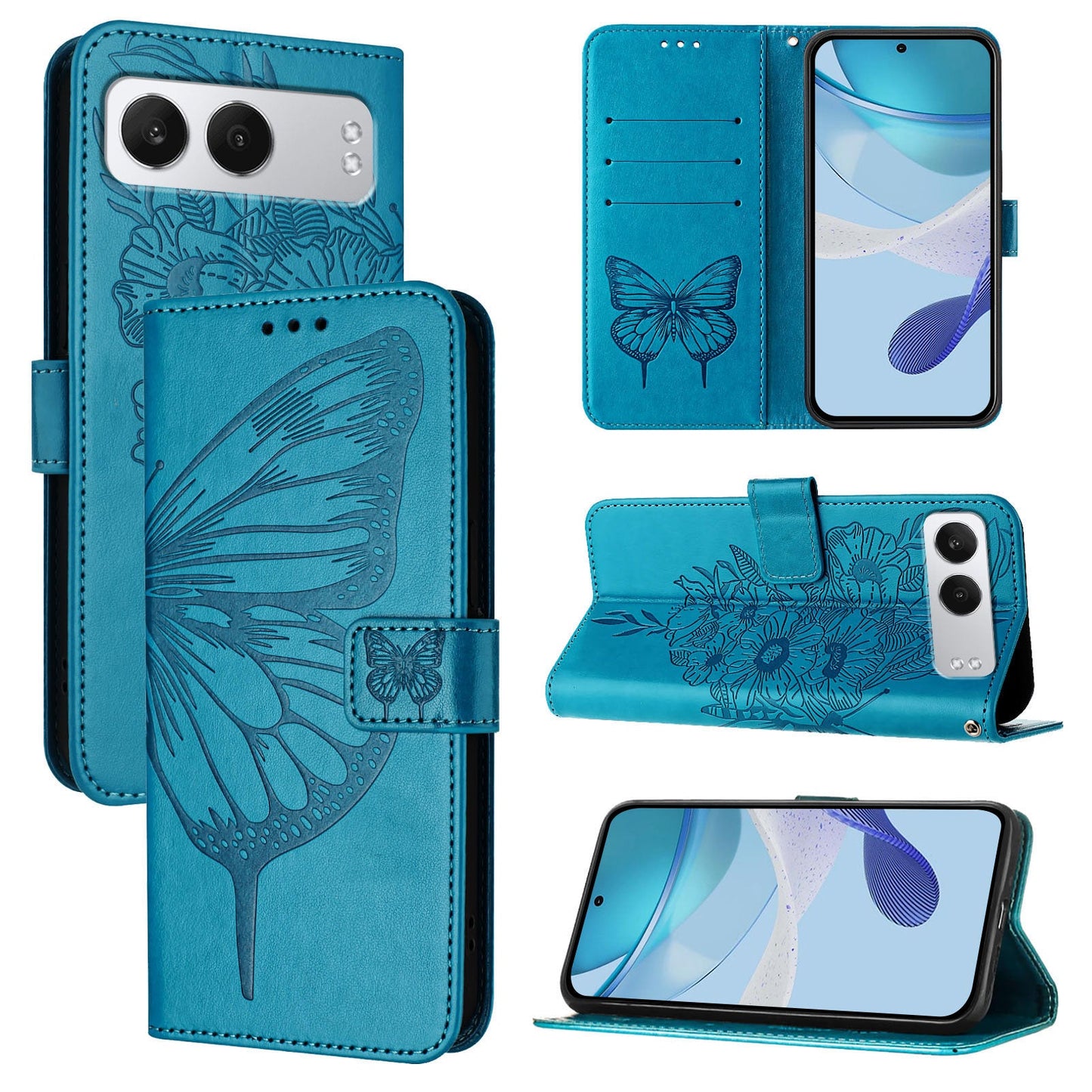 For OnePlus Nord 4 Case YB Imprinting Series-4 Butterfly Flower Flip Wallet Leather Phone Cover - Blue