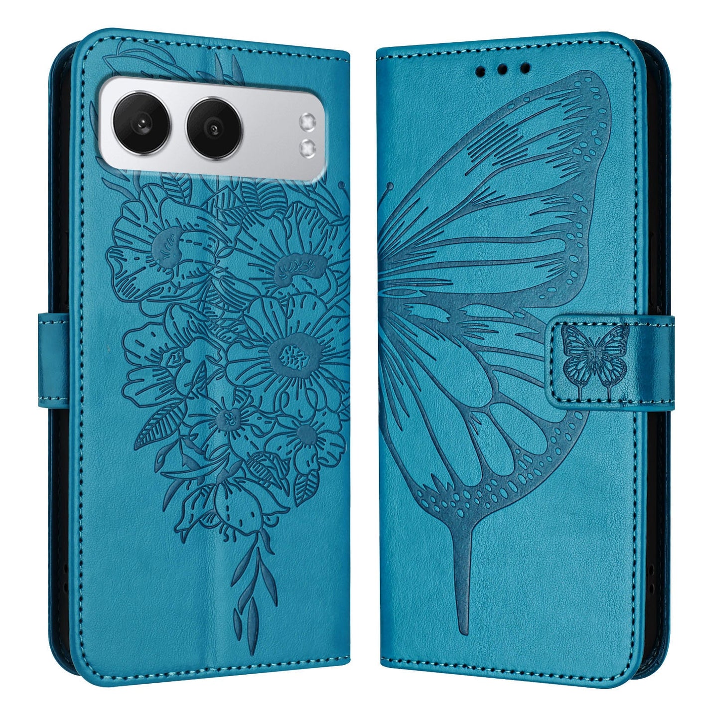 For OnePlus Nord 4 Case YB Imprinting Series-4 Butterfly Flower Flip Wallet Leather Phone Cover - Blue
